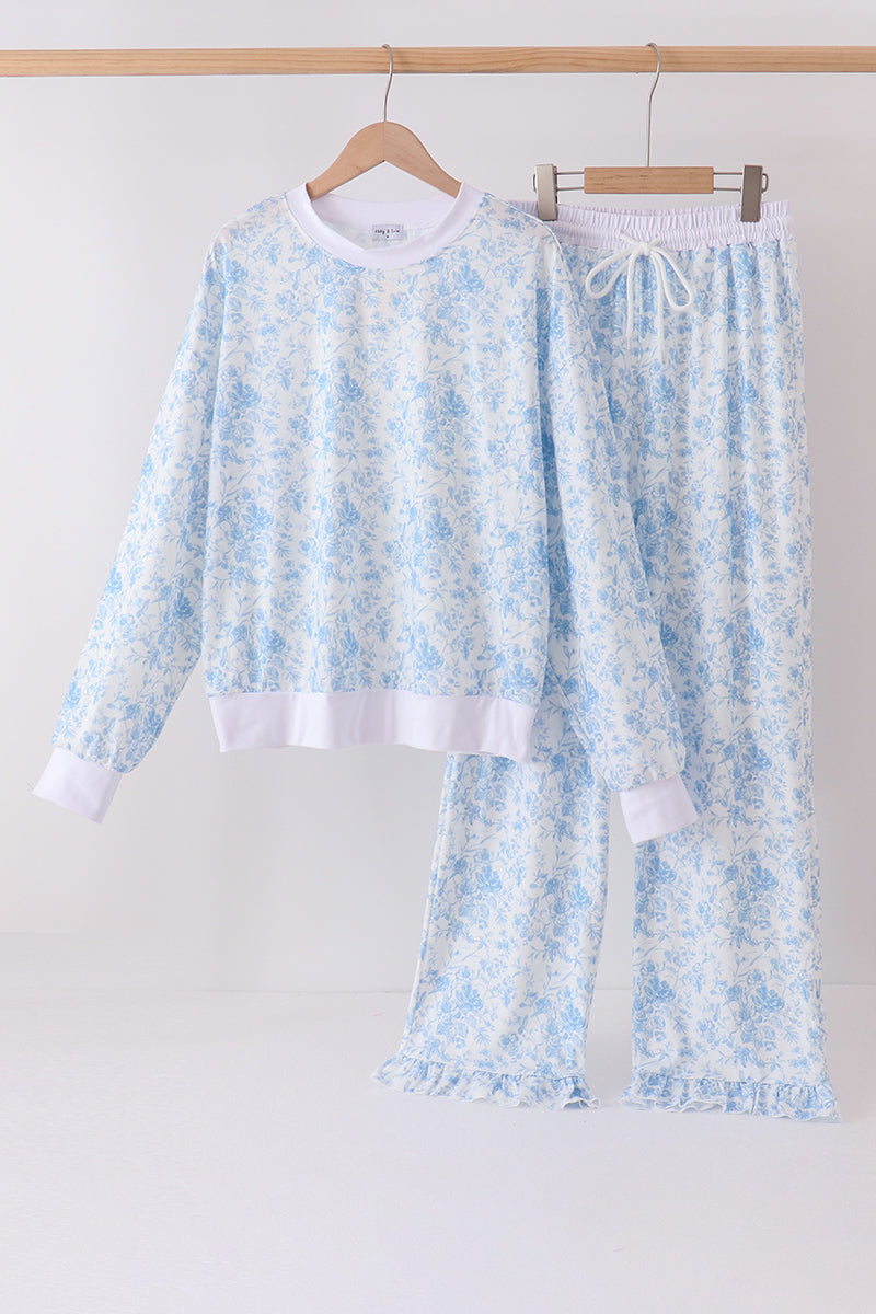 Blue Floral Print Mom&me Pants Set