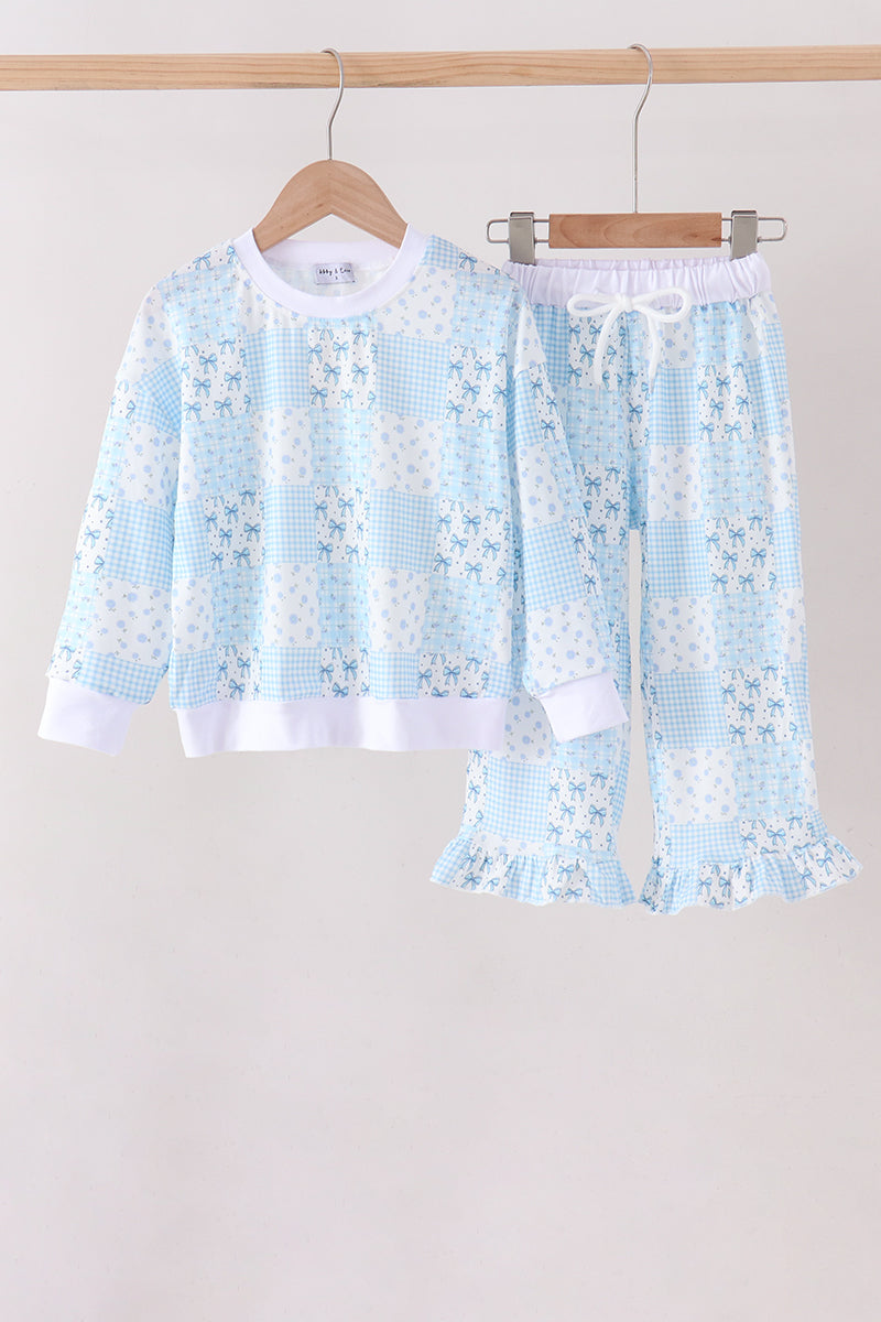 Blue Floral Bow Checkered Mom&me Pants Set