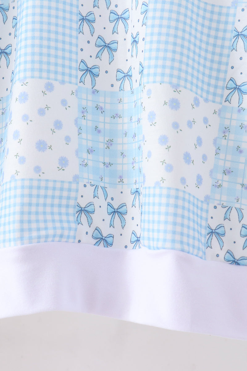 Blue Floral Bow Checkered Mom&me Pants Set