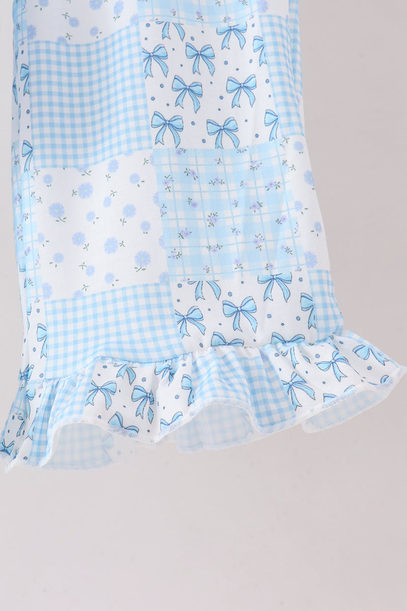 Blue Floral Bow Checkered Mom&me Pants Set