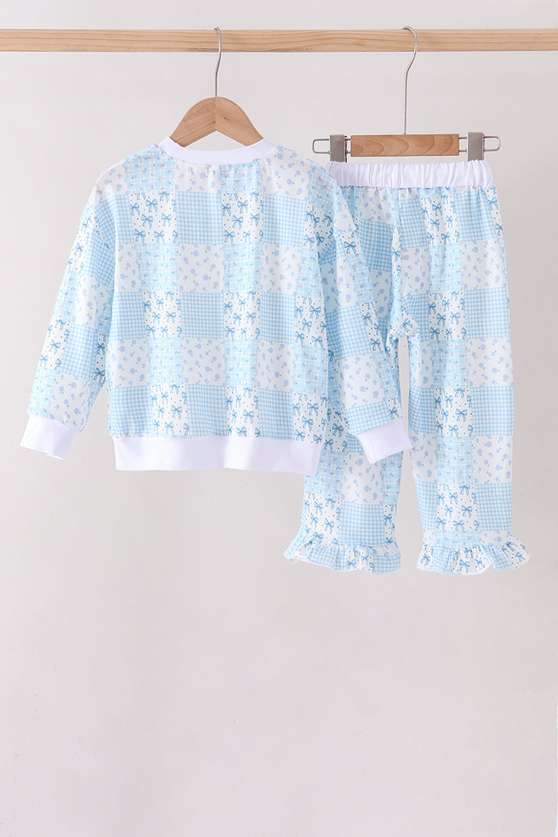 Blue Floral Bow Checkered Mom&me Pants Set