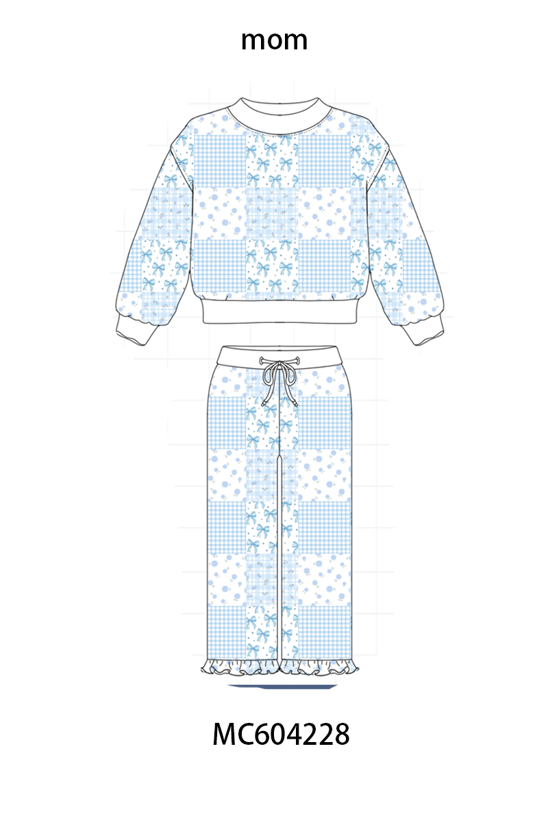 Blue Floral Bow Checkered Mom&me Pants Set