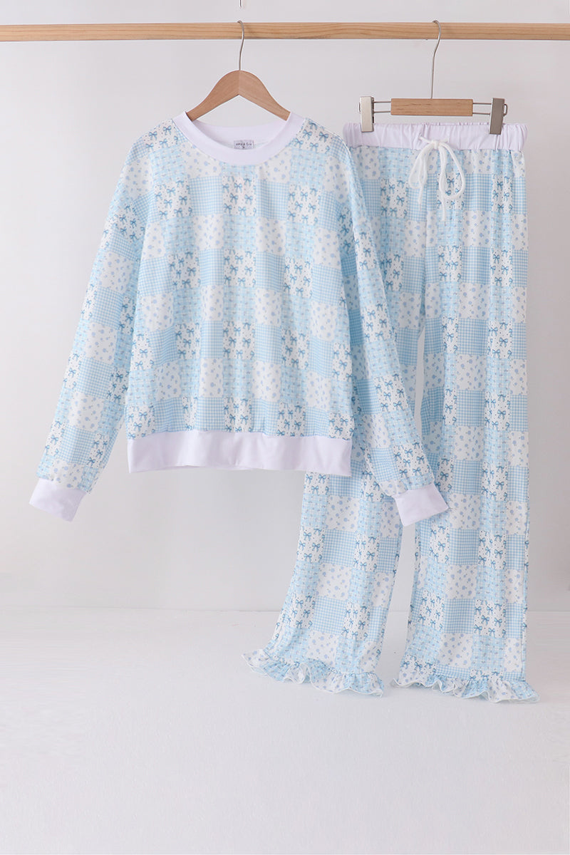 Blue Floral Bow Checkered Mom&me Pants Set