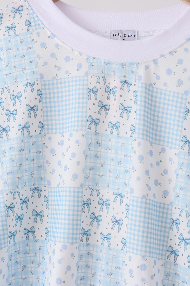 Blue Floral Bow Checkered Mom&me Pants Set