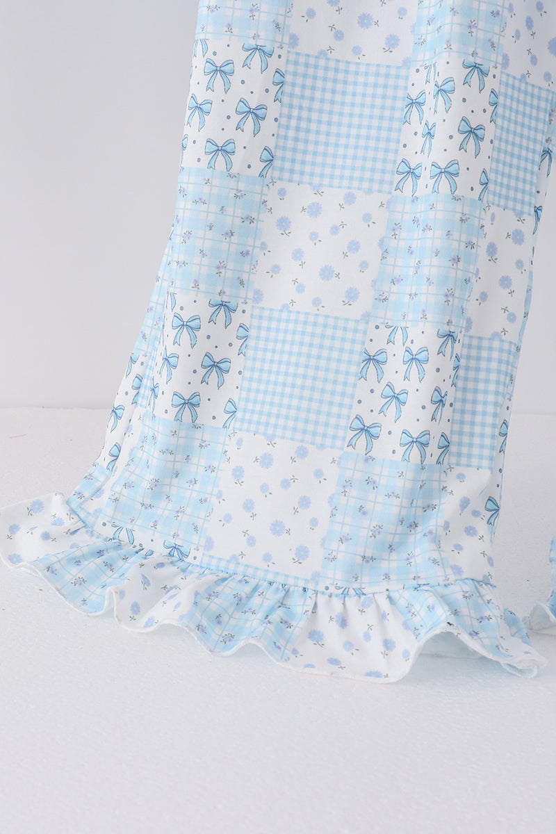 Blue Floral Bow Checkered Mom&me Pants Set