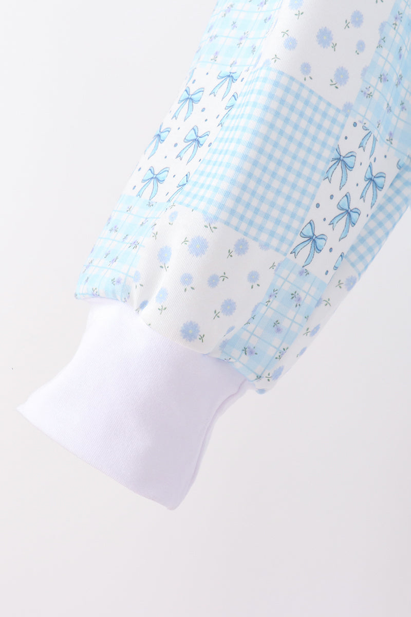 Blue Floral Bow Checkered Mom&me Pants Set