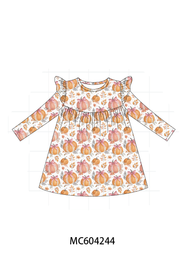 Orange Pumpkin Print Ruffle Dress