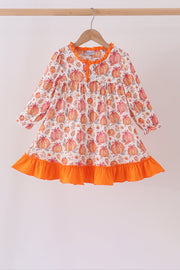 Orange Pumpkin Print Ruffle Dress