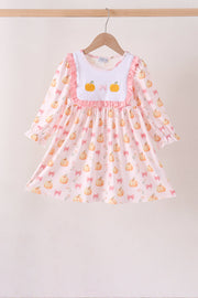 Pink Pumpkin Bow Embroidery Ruffle Dress