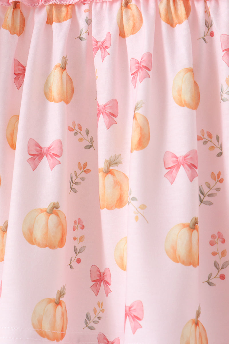 Pink Pumpkin Bow Embroidery Ruffle Pants Set