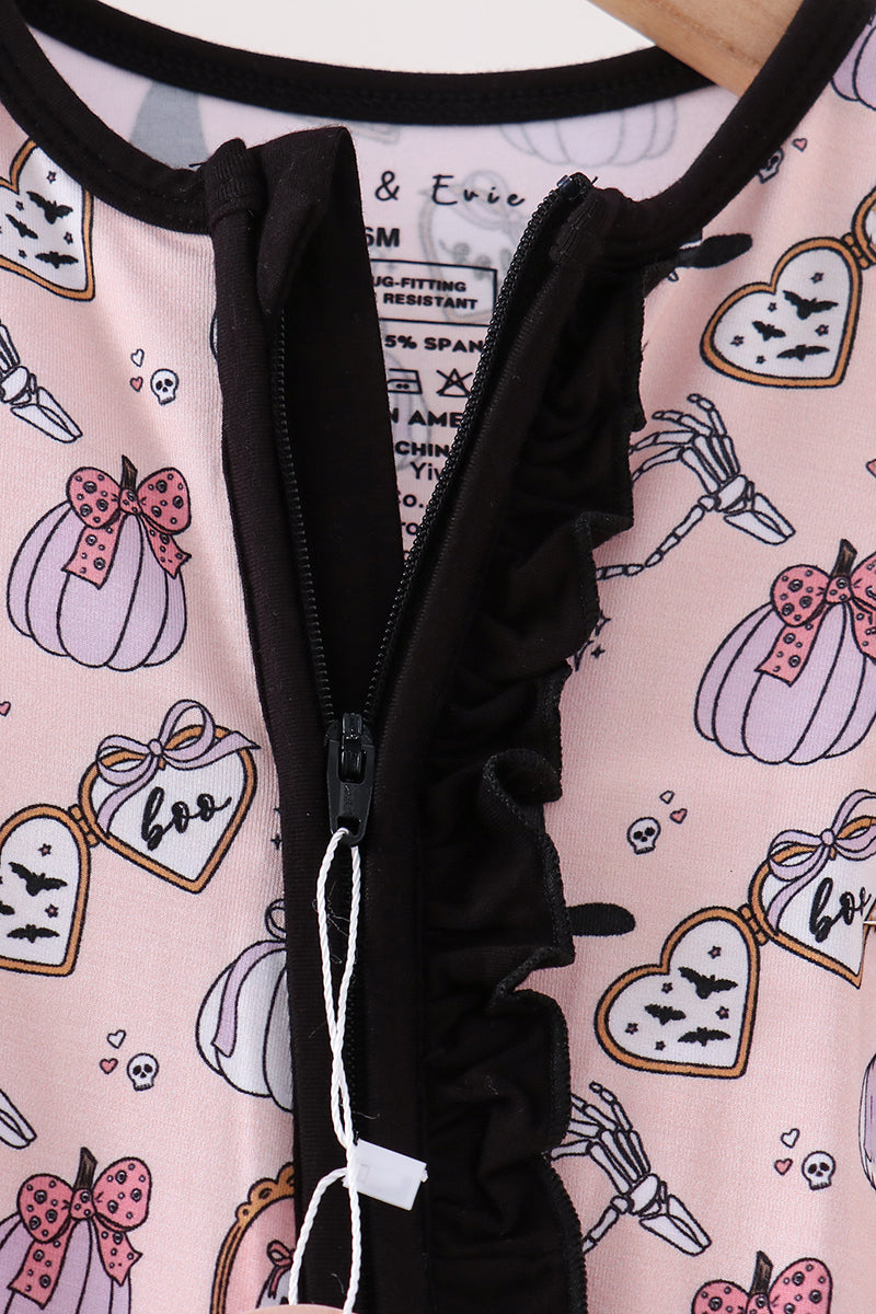 Pink Spooky Embroidery Bamboo Ruffle Romper