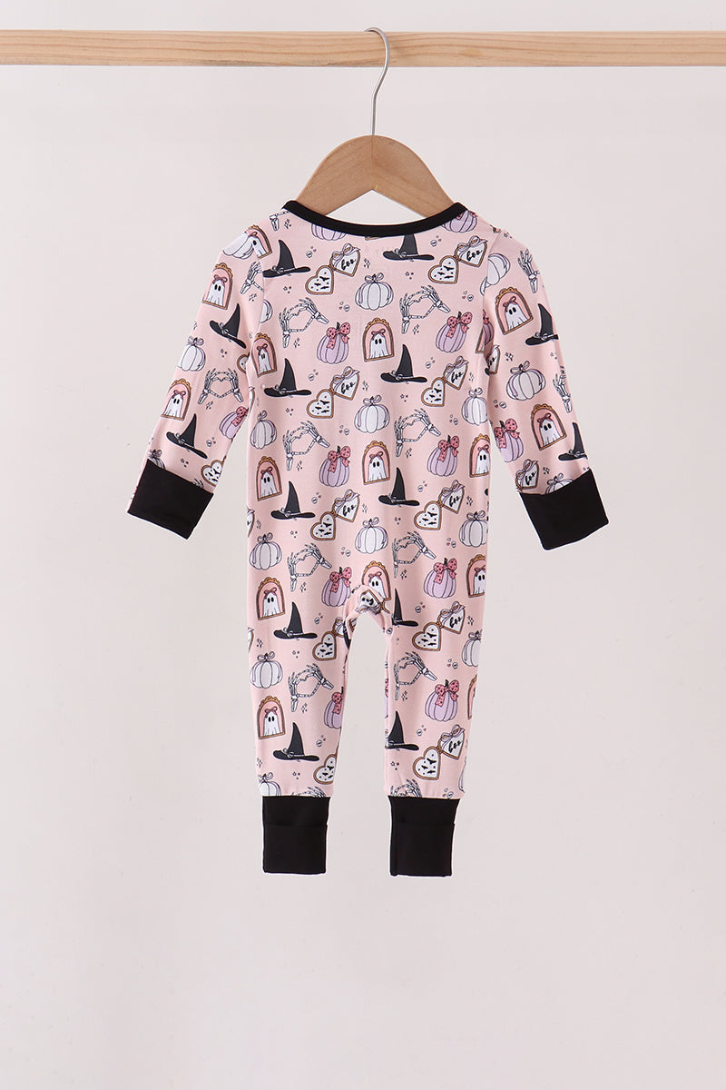 Pink Spooky Embroidery Bamboo Ruffle Romper