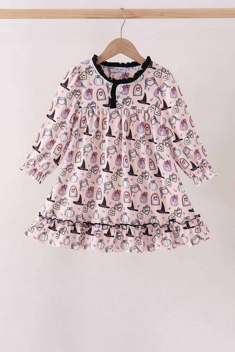 Pink Spooky Print Ruffle Dress
