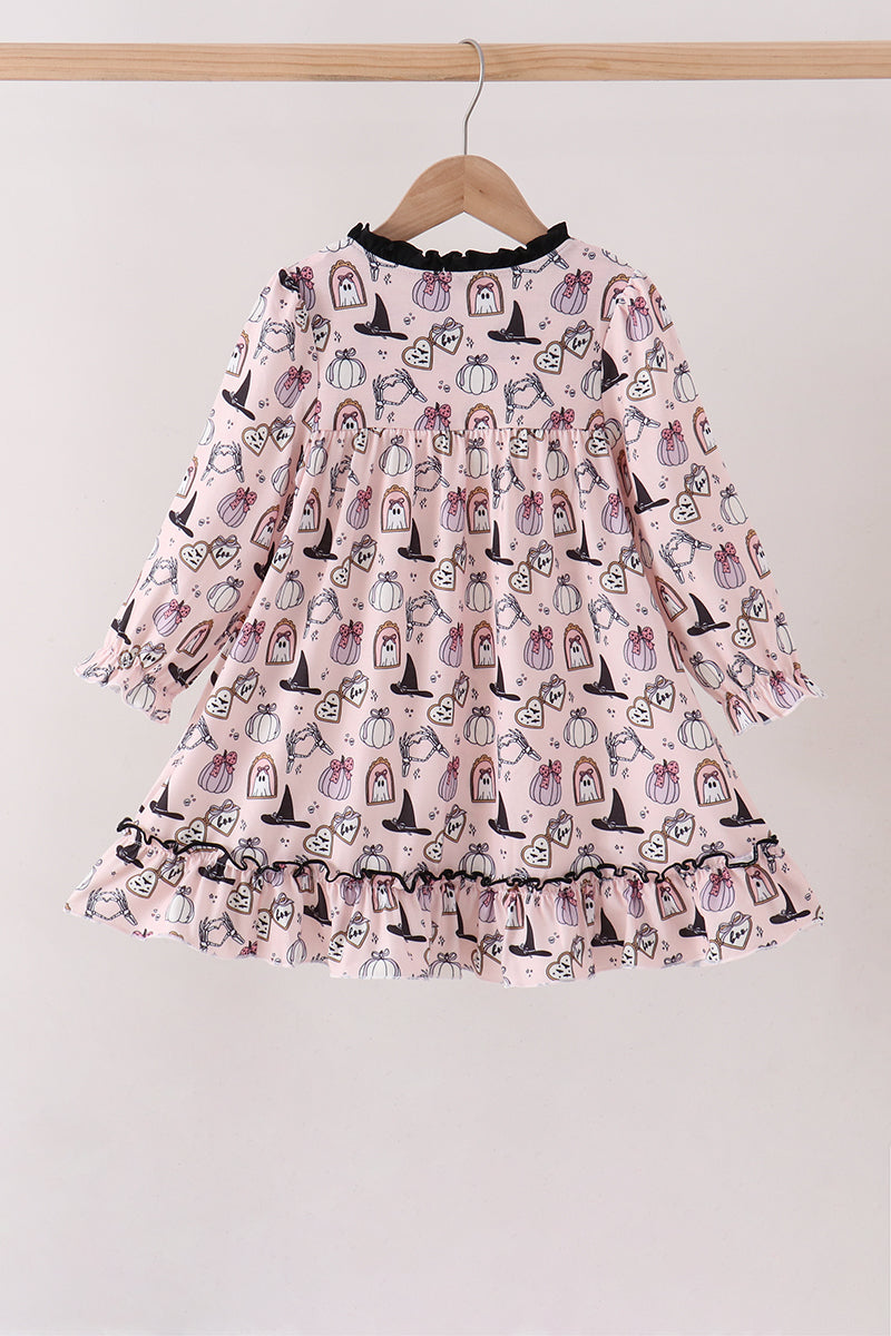 Pink Spooky Print Ruffle Dress
