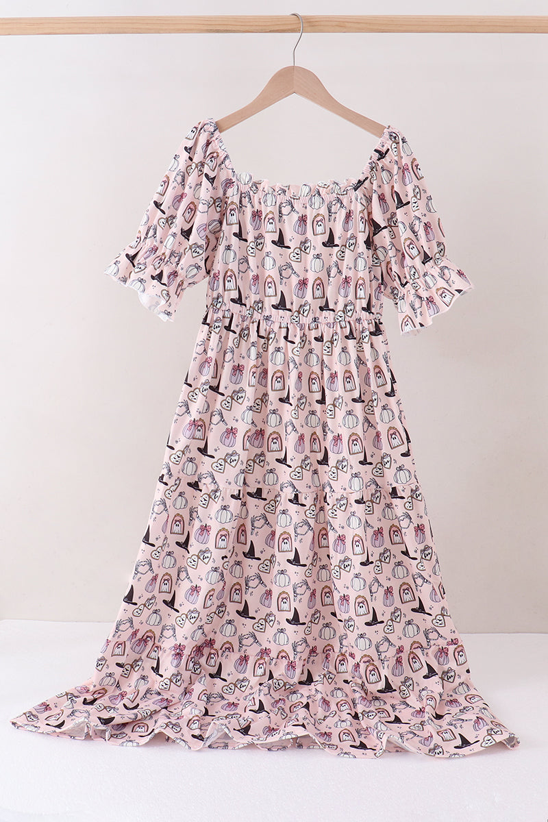 Pink Spooky Print Ruffle Tiered Mom Dress