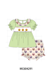 Green Jack-o-lantern Embroidery Ruffle Bloomer Set