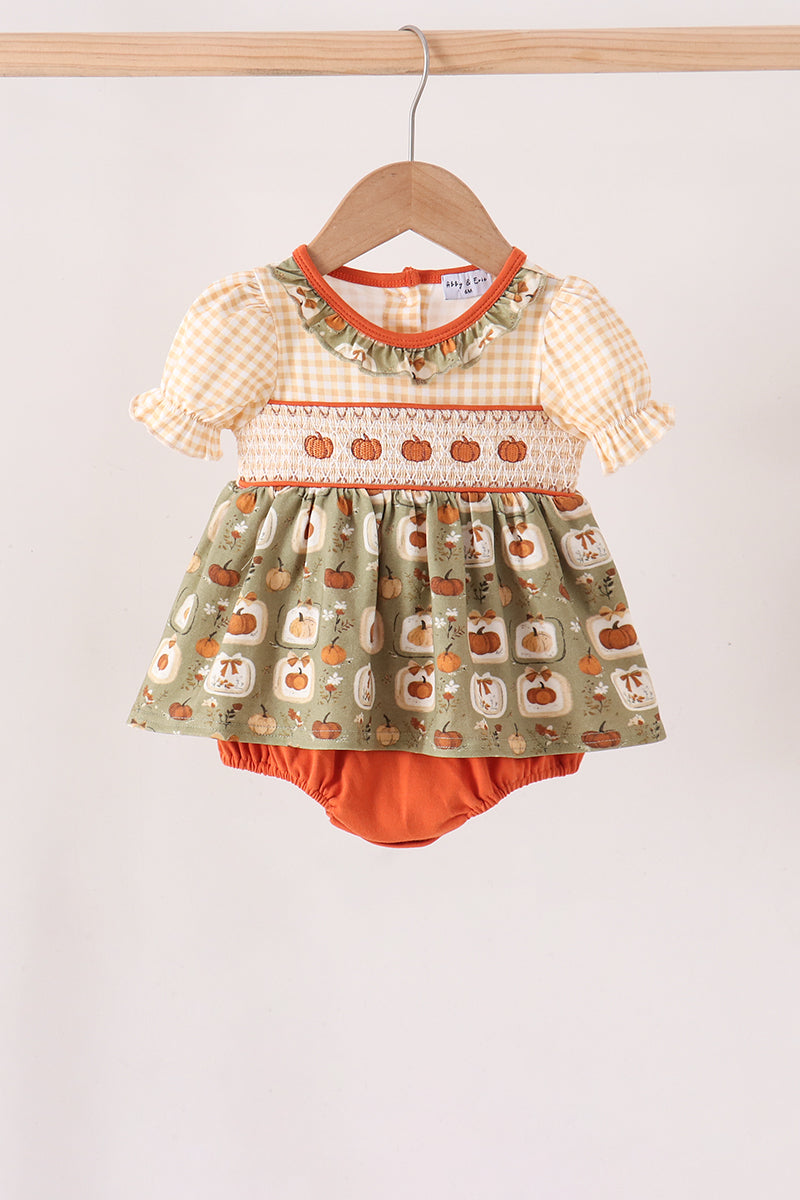 Vintage Pumpkin Smocked Ruffle Bubble