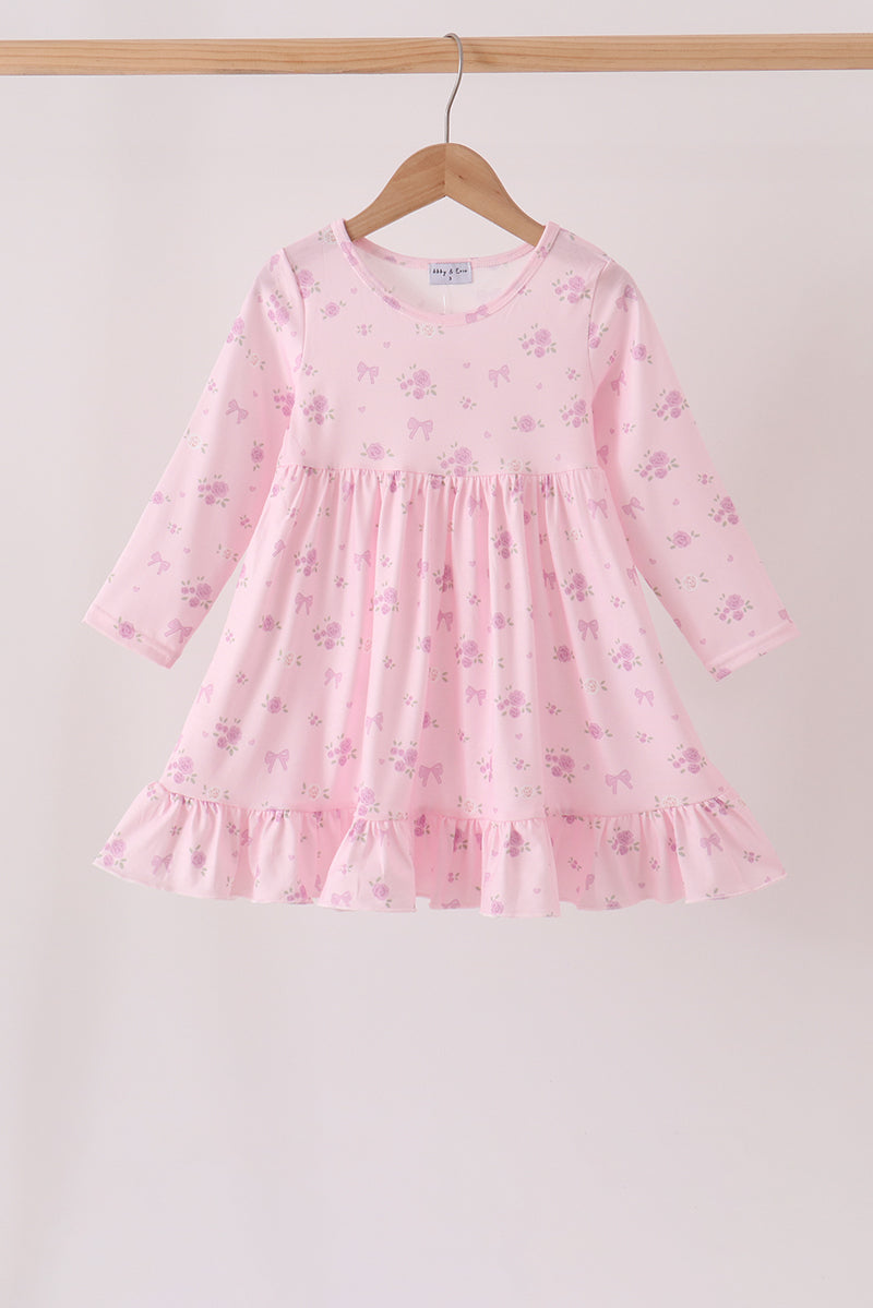 Pink Floral Bow Ruffle Dress