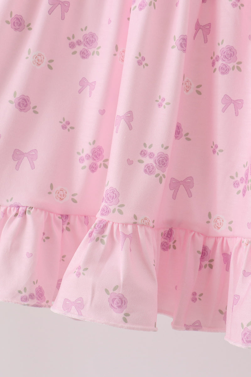 Pink Floral Bow Ruffle Dress