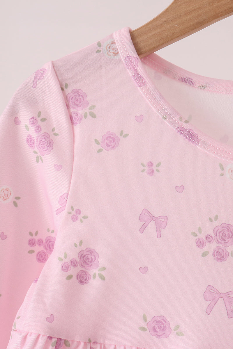 Pink Floral Bow Ruffle Dress