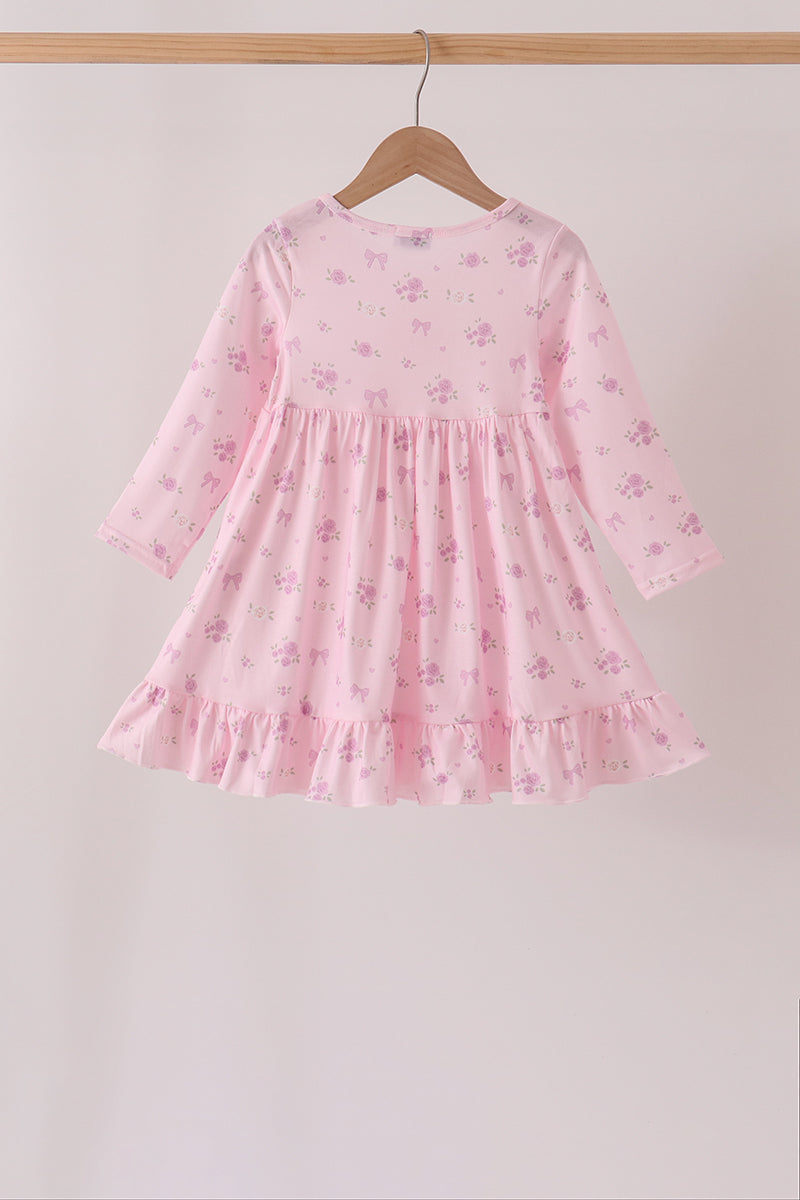 Pink Floral Bow Ruffle Dress