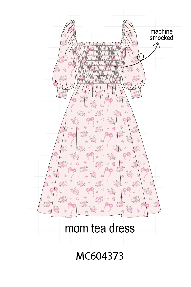 Pink Floral Bow Smocked Mom Dress
