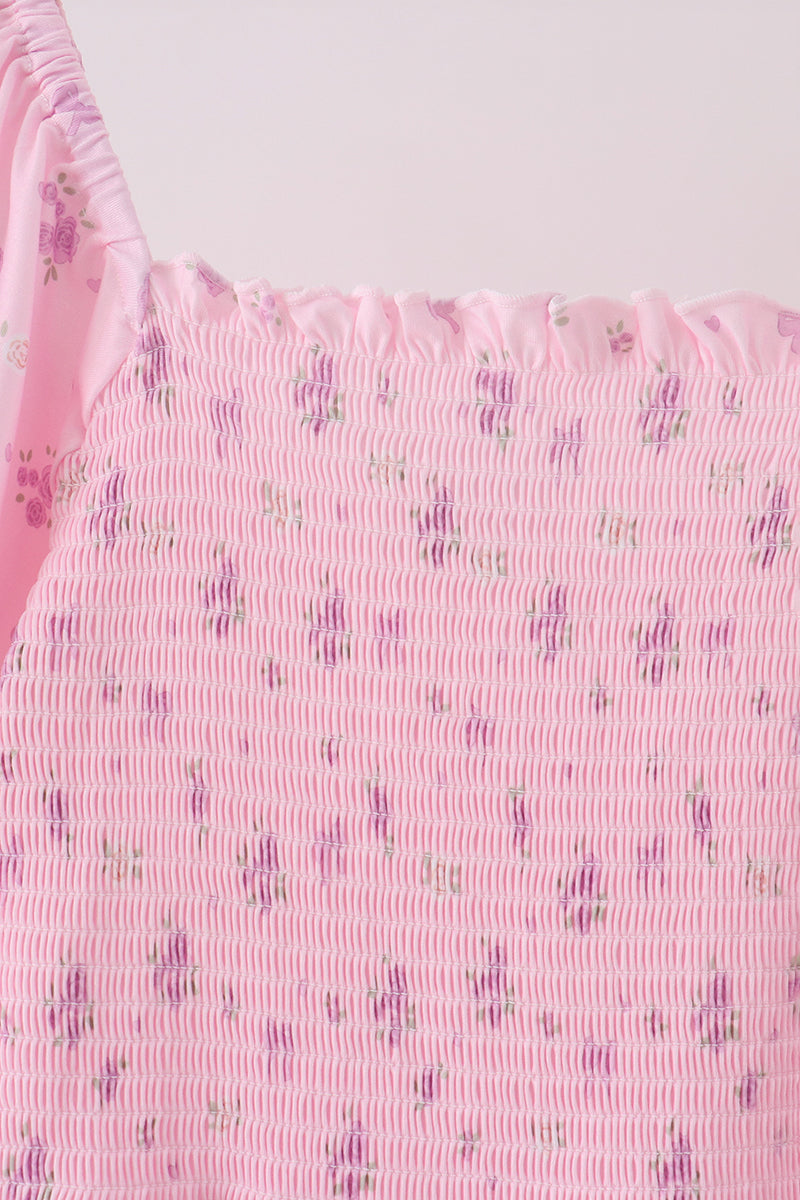 Pink Floral Bow Smocked Mom Dress