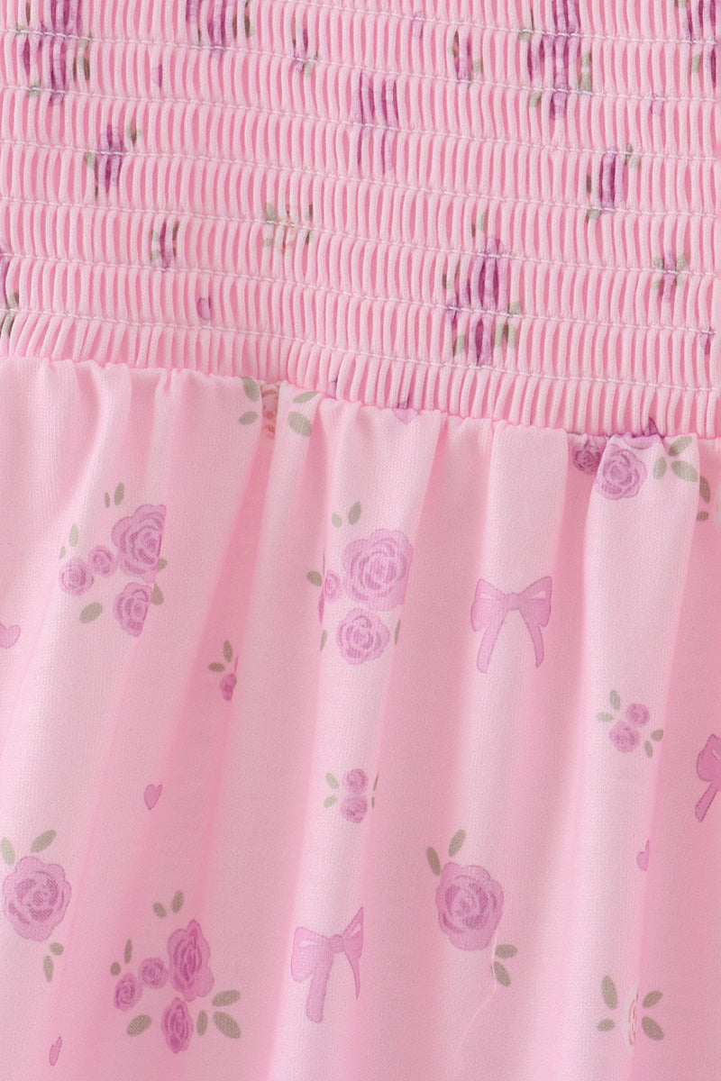 Pink Floral Bow Smocked Mom Dress