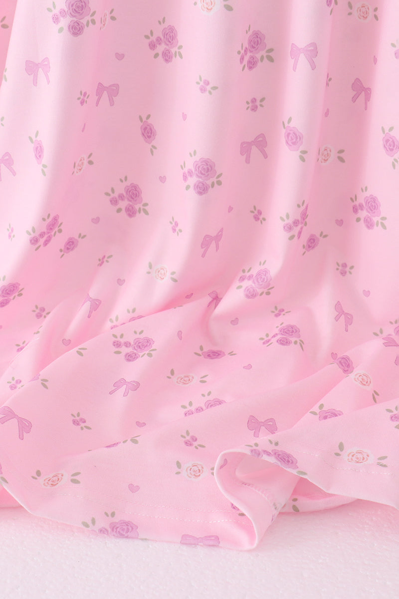 Pink Floral Bow Smocked Mom Dress