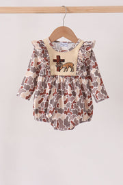 Khaki Camoufalge Cross Deer Embroidery Ruffle Bubble