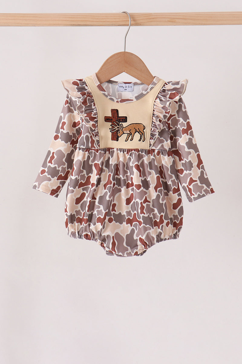 Khaki Camoufalge Cross Deer Embroidery Ruffle Bubble