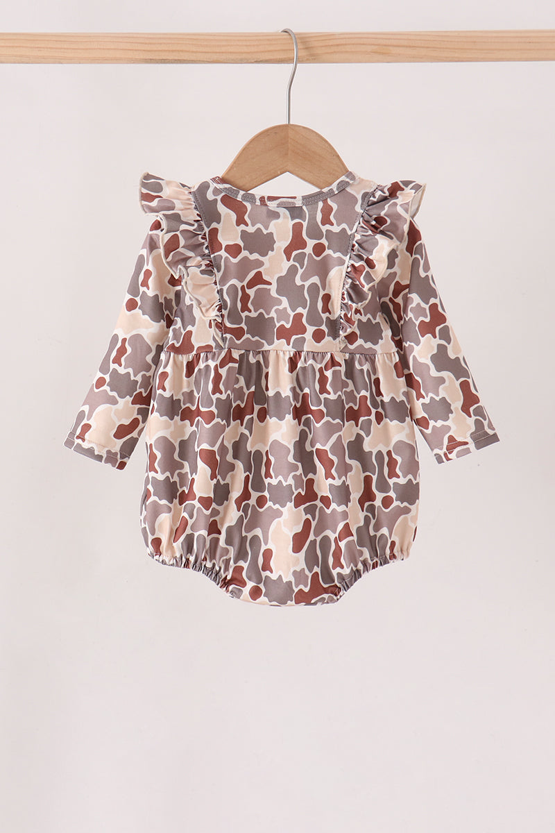 Khaki Camoufalge Cross Deer Embroidery Ruffle Bubble