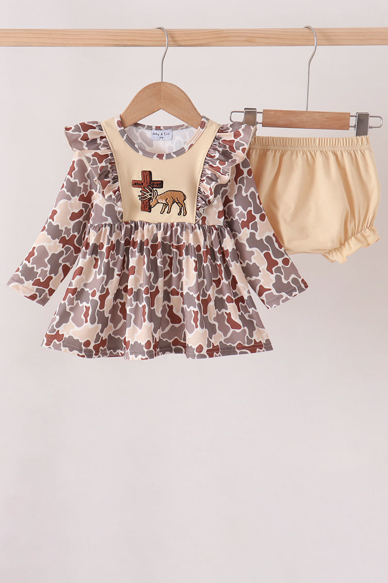 Khaki Camoufalge Cross Deer Embroidery Ruffle Bloomer Set