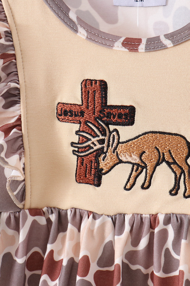 Khaki Camoufalge Cross Deer Embroidery Ruffle Bloomer Set