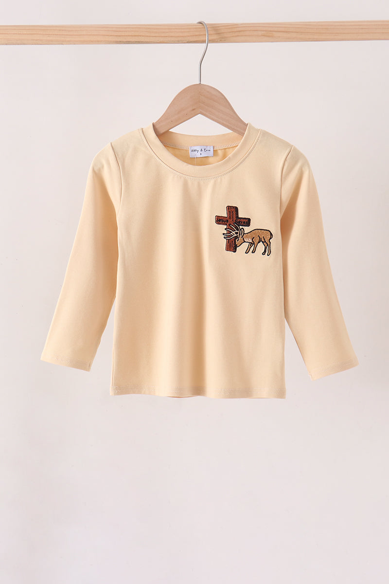 Khaki Cross Deer Embroidery Top