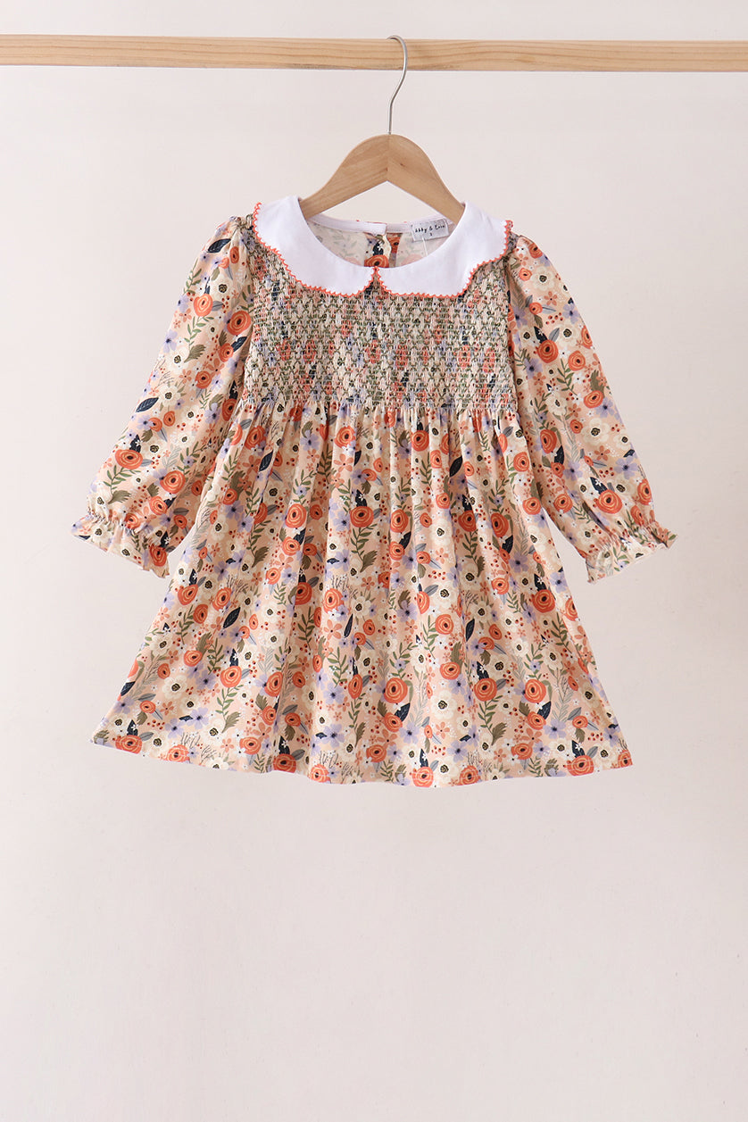 Coral Floral Smocked Dress