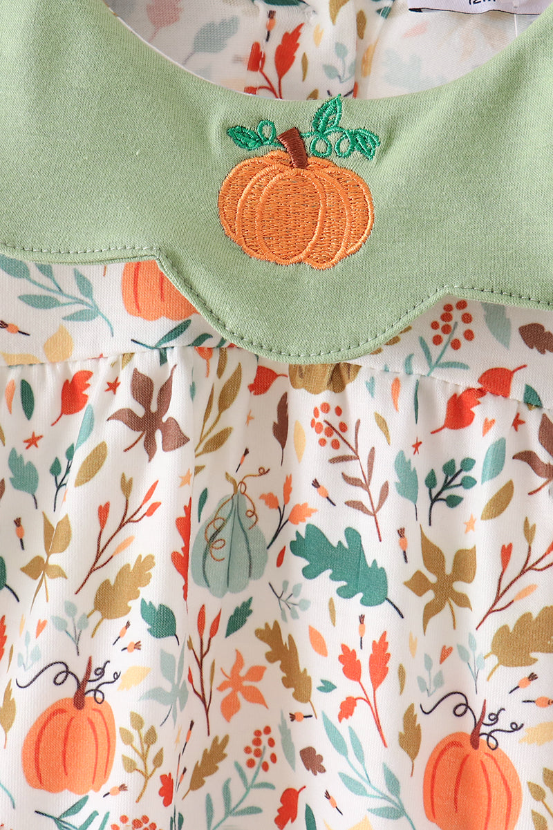 Sage Pumpkin Embroidery Leaves Dress