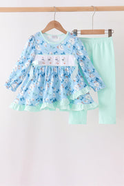 Blue Goose Bow Embroidery Ruffle Set
