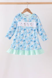 Blue Goose Bow Embroidery Ruffle Dress