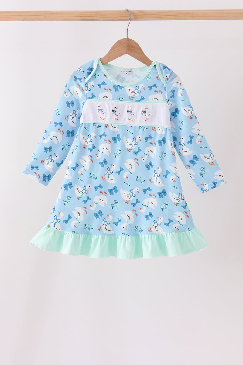 Blue Goose Bow Embroidery Ruffle Dress