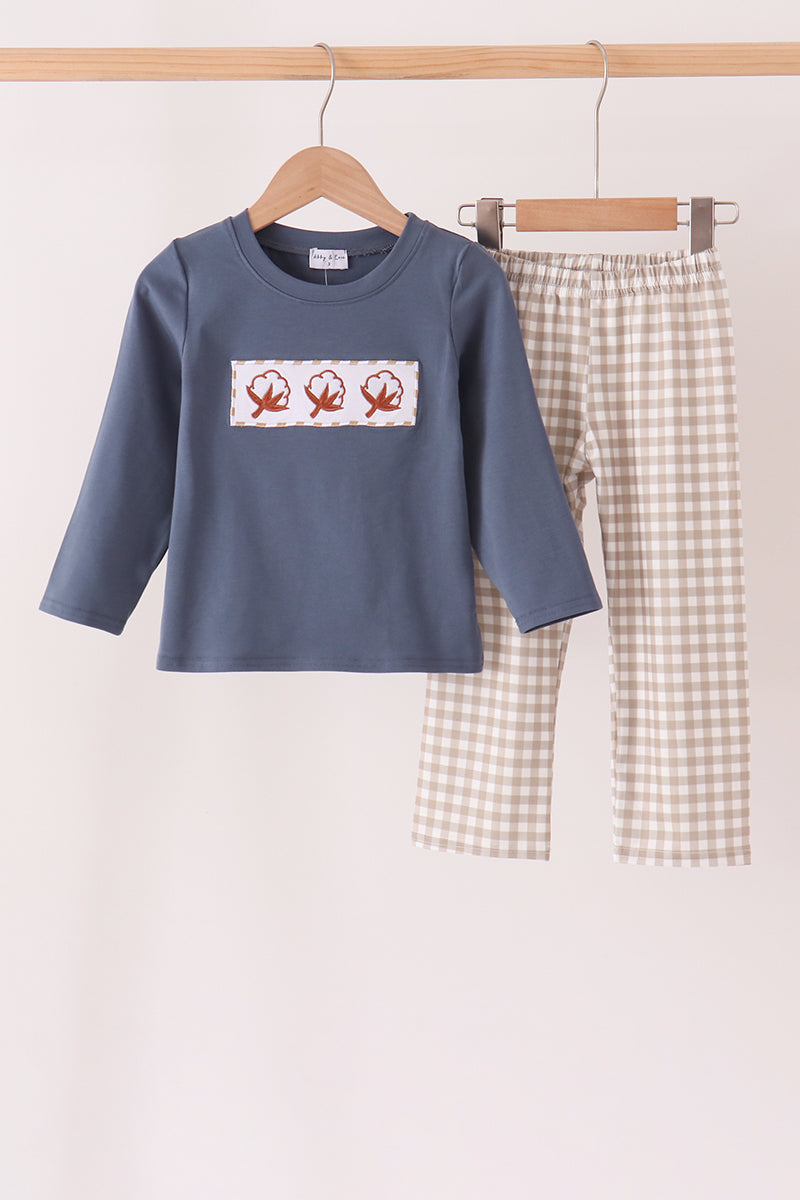 Teal Cotton Embroidery Gingham Pants Set
