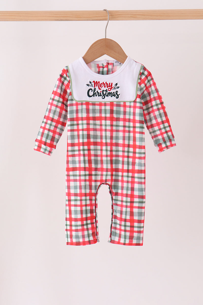 Green Merry Christmas Embroidery Plaid Romper