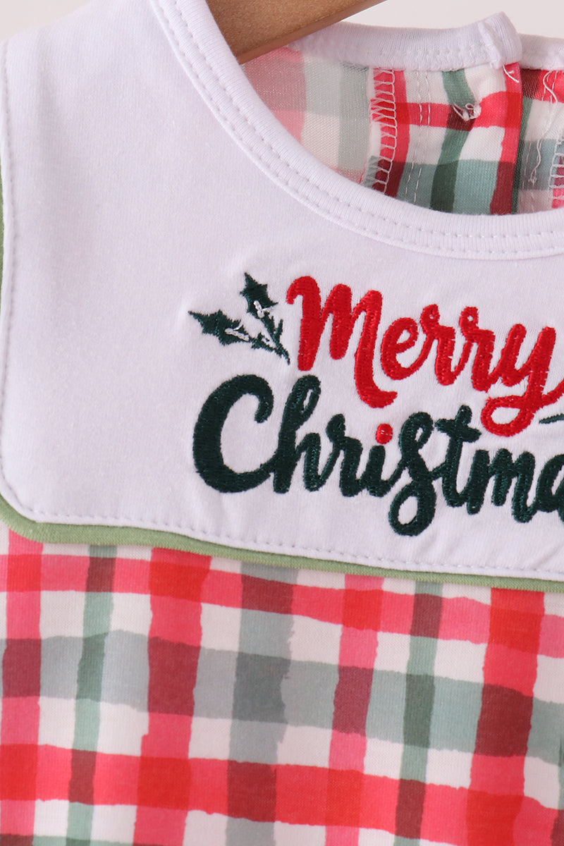 Green Merry Christmas Embroidery Plaid Romper