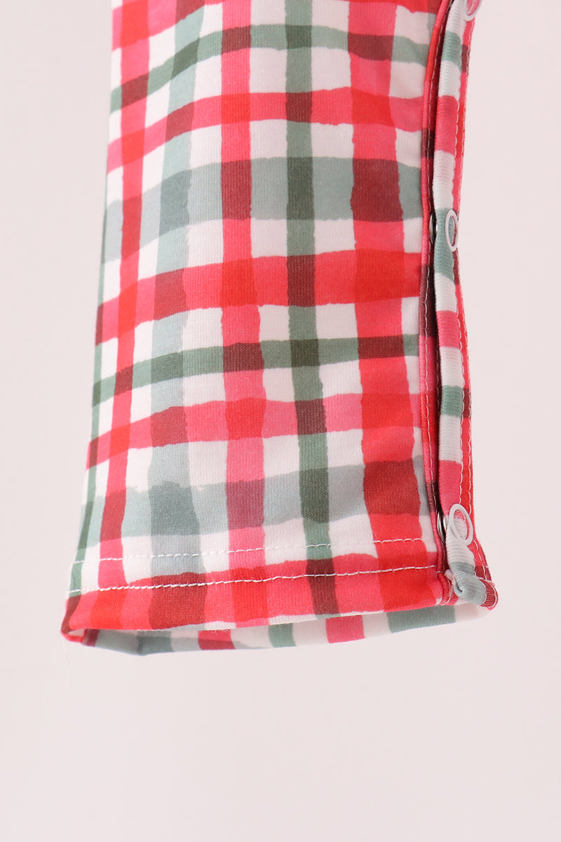 Green Merry Christmas Embroidery Plaid Romper