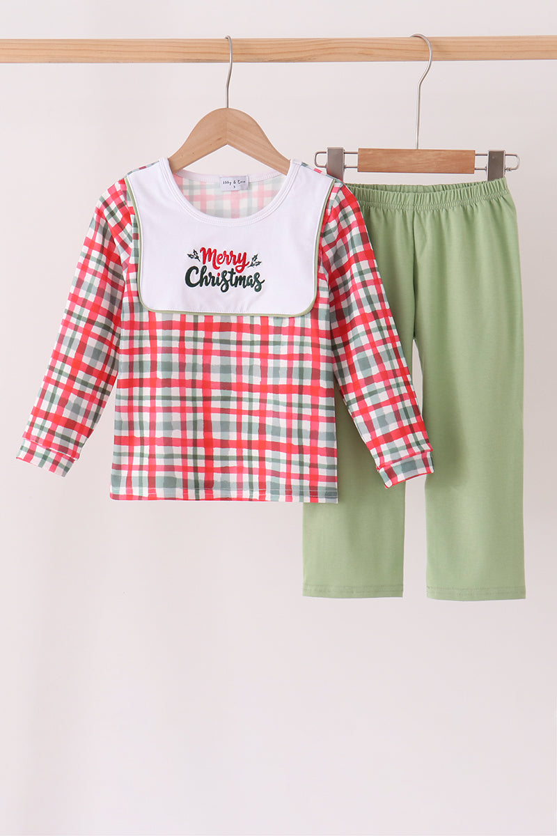 Green Merry Christmas Embroidery Plaid Pants Set