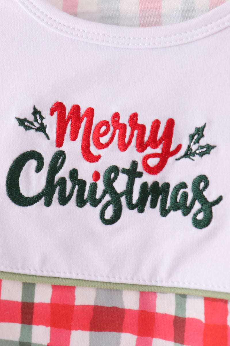 Green Merry Christmas Embroidery Plaid Pants Set