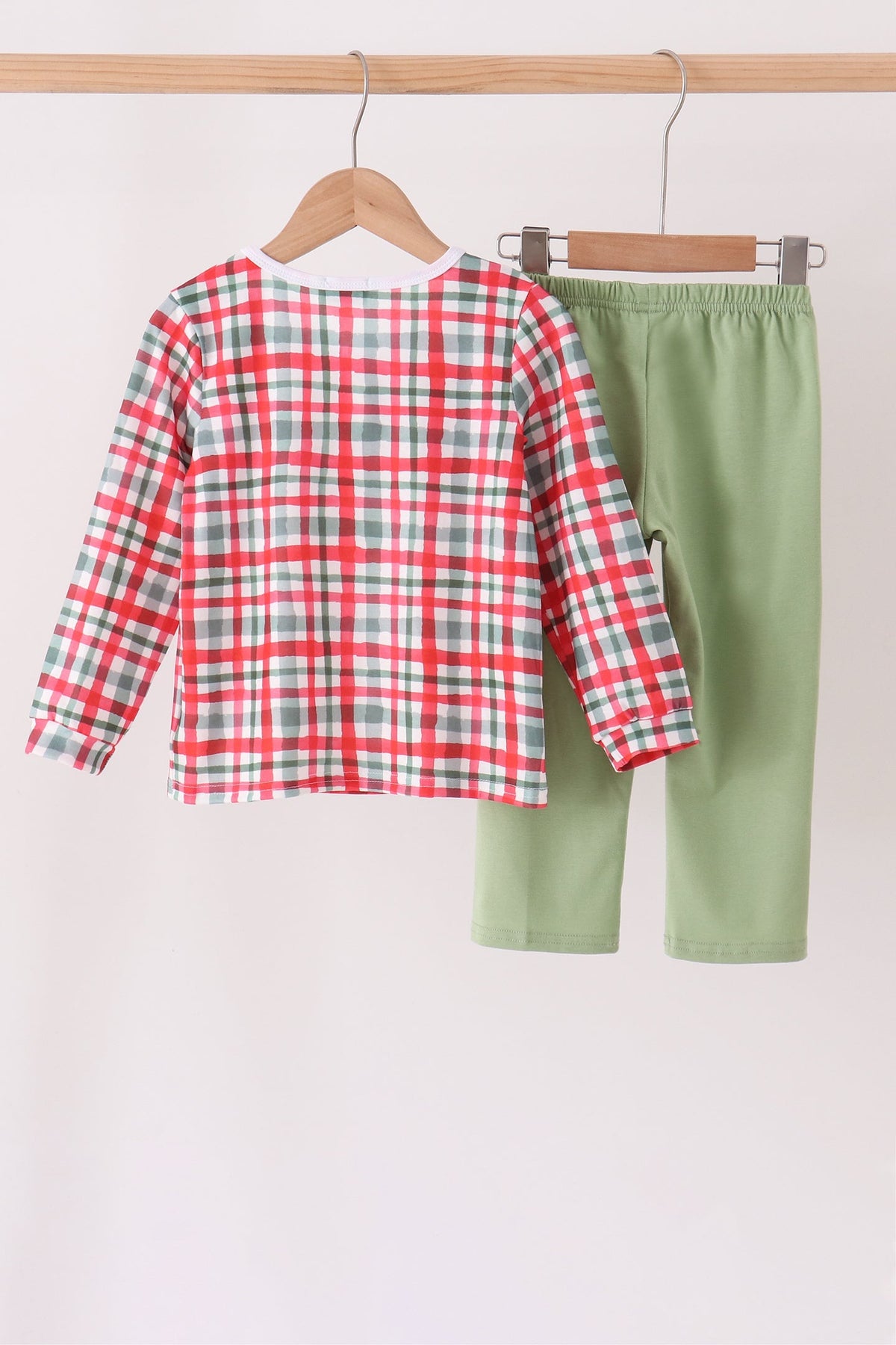 Green Merry Christmas Embroidery Plaid Pants Set