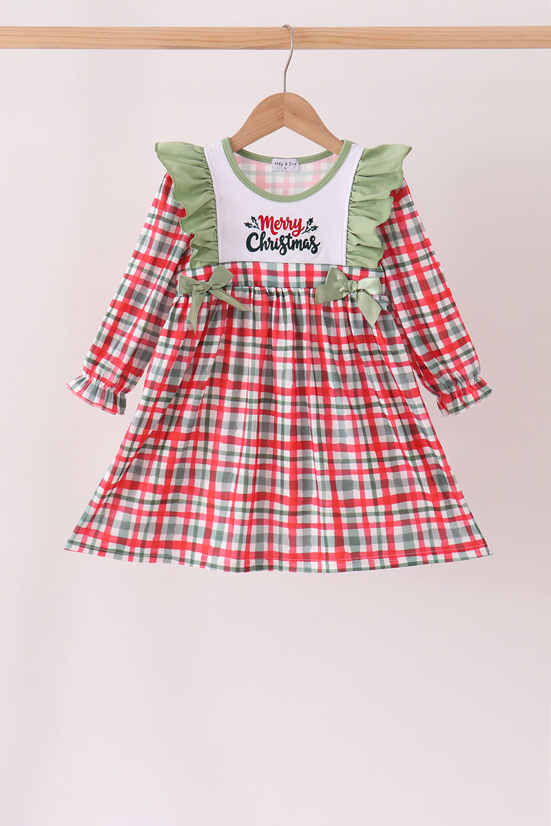 Green Merry Christmas Embroidery Plaid Ruffle Dress