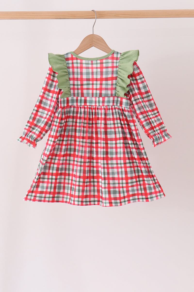 Green Merry Christmas Embroidery Plaid Ruffle Dress