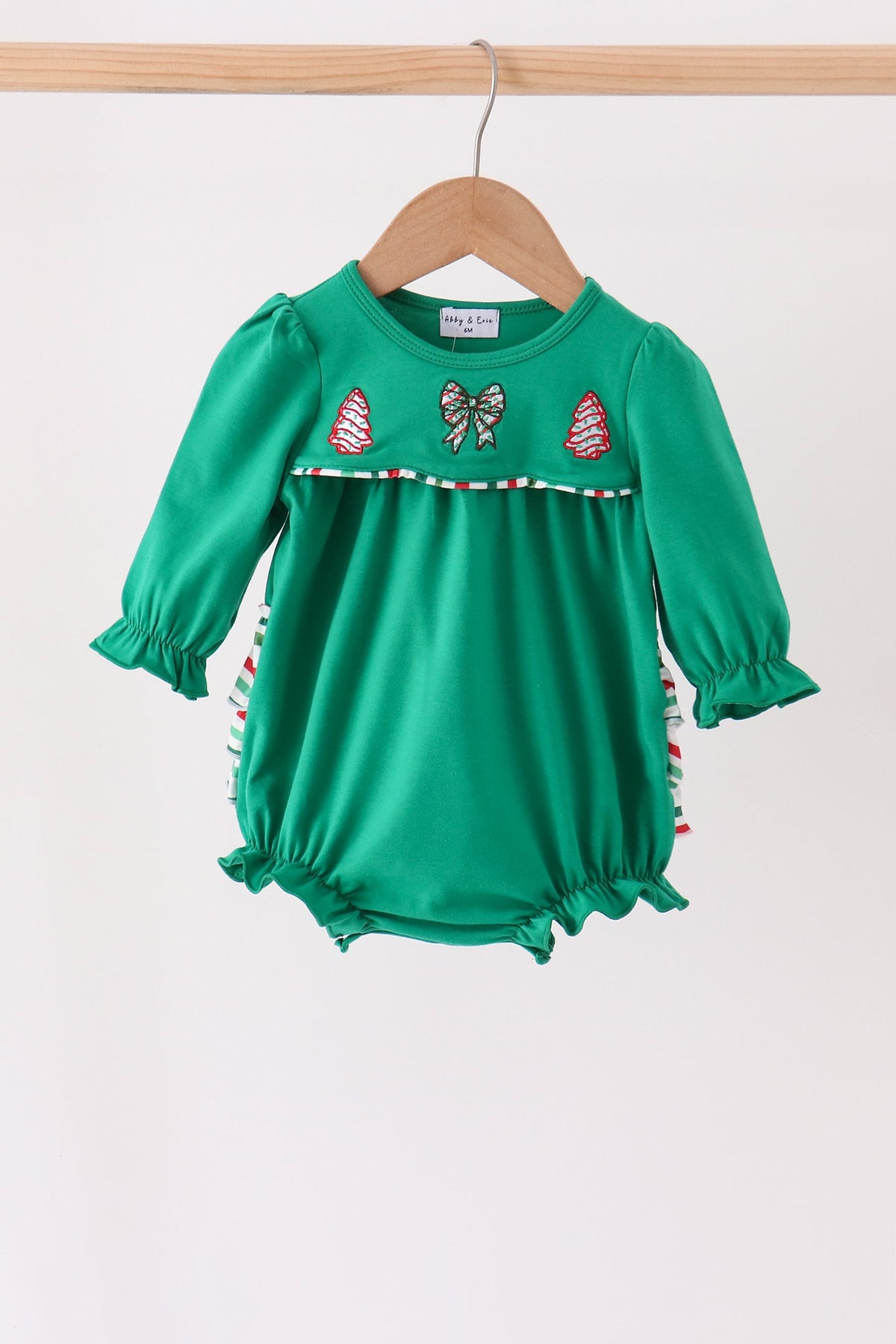 Green Christmas Tree Bow Applique Ruffle Bubble